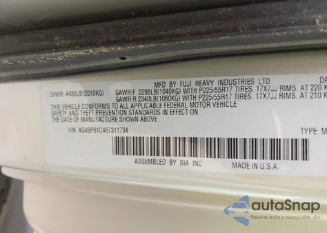 2006 Subaru Outback 2.5I z USA, uszkodzony, nr VIN 4S4BP61C467311734